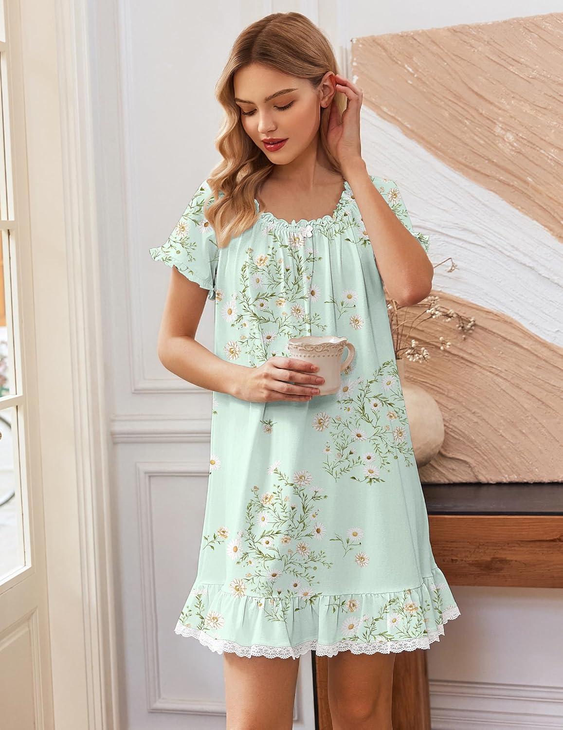 image:imageEkouaer Cotton Nightgowns for Women Vintage Victorian Night Gowns Short Sleeve Sleep Shirts Lace Sleep Dress Soft SleepwearFloral Green