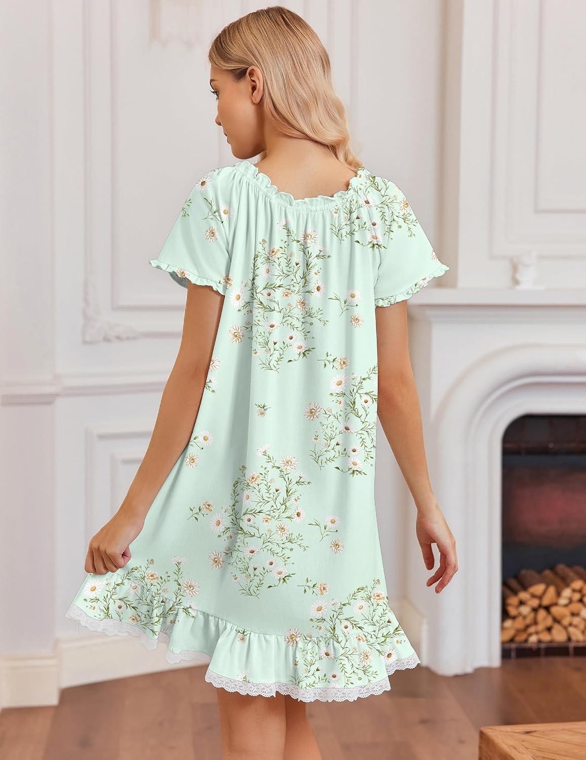 image:imageEkouaer Cotton Nightgowns for Women Vintage Victorian Night Gowns Short Sleeve Sleep Shirts Lace Sleep Dress Soft SleepwearFloral Green