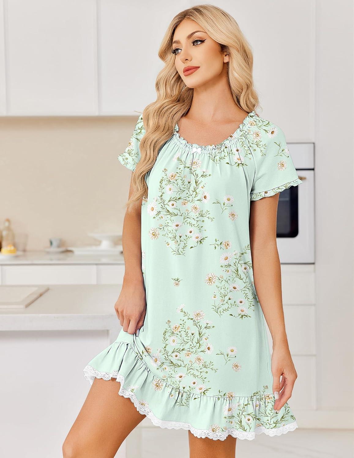 image:imageEkouaer Cotton Nightgowns for Women Vintage Victorian Night Gowns Short Sleeve Sleep Shirts Lace Sleep Dress Soft SleepwearFloral Green