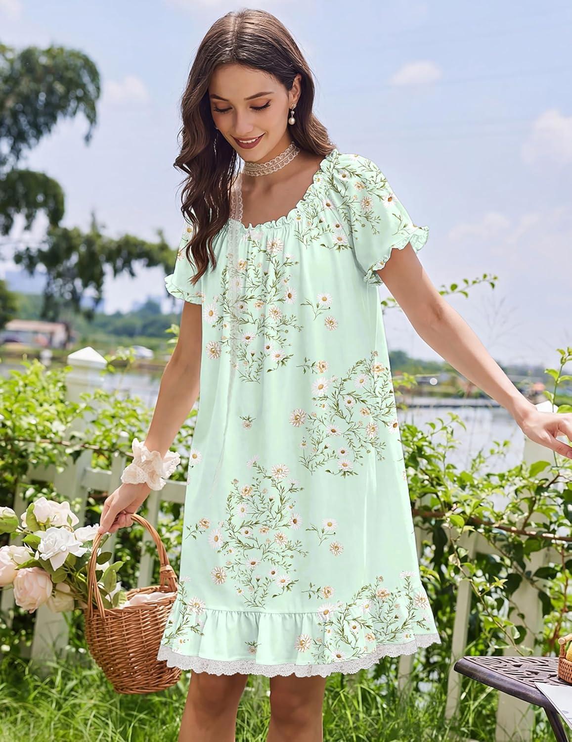 image:imageEkouaer Cotton Nightgowns for Women Vintage Victorian Night Gowns Short Sleeve Sleep Shirts Lace Sleep Dress Soft SleepwearFloral Green