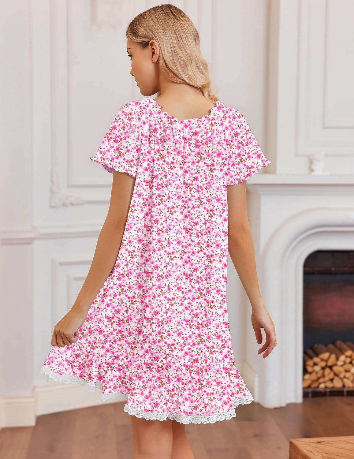 image:imageEkouaer Cotton Nightgowns for Women Vintage Victorian Night Gowns Short Sleeve Sleep Shirts Lace Sleep Dress Soft SleepwearFloral Pink