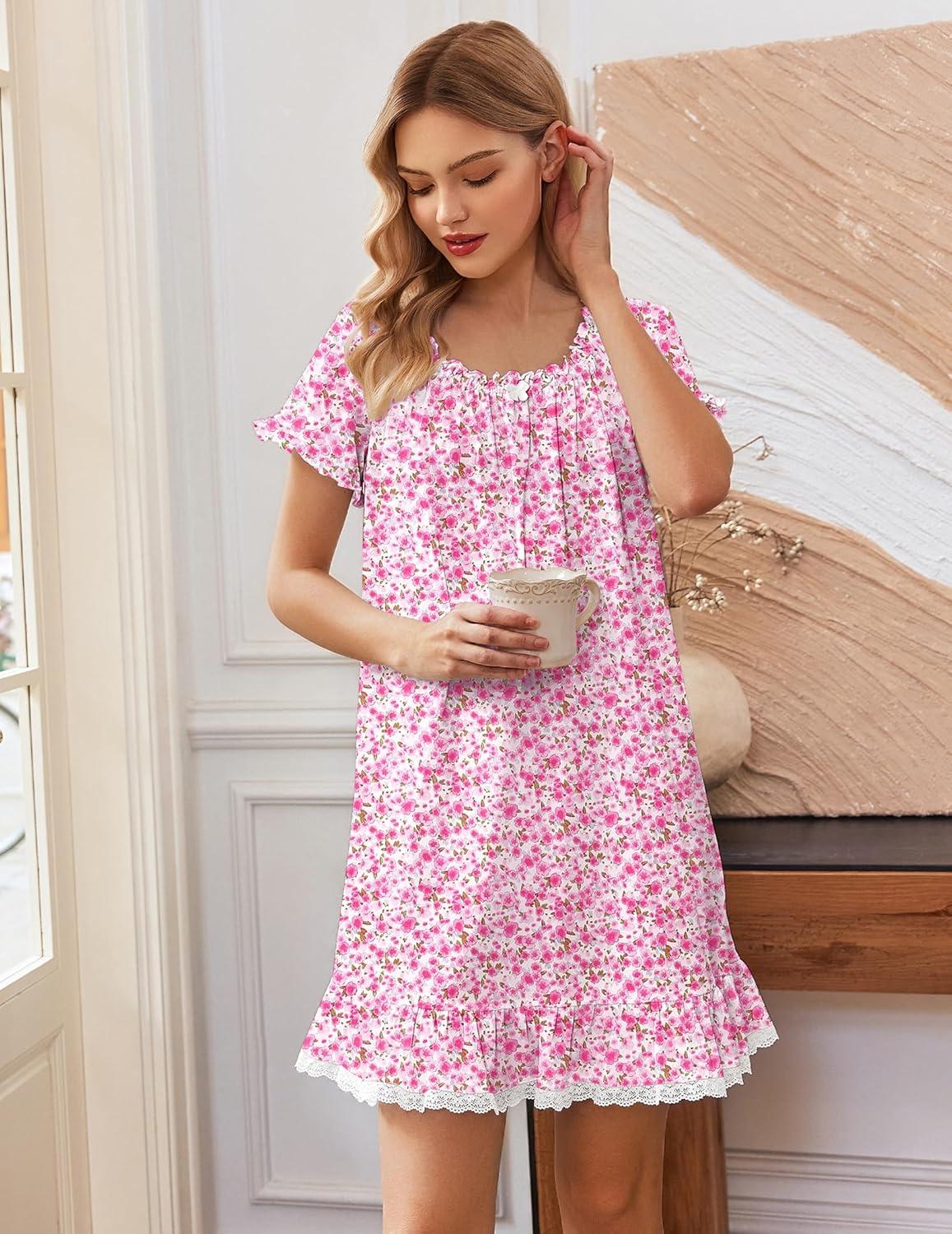 image:imageEkouaer Cotton Nightgowns for Women Vintage Victorian Night Gowns Short Sleeve Sleep Shirts Lace Sleep Dress Soft SleepwearFloral Pink
