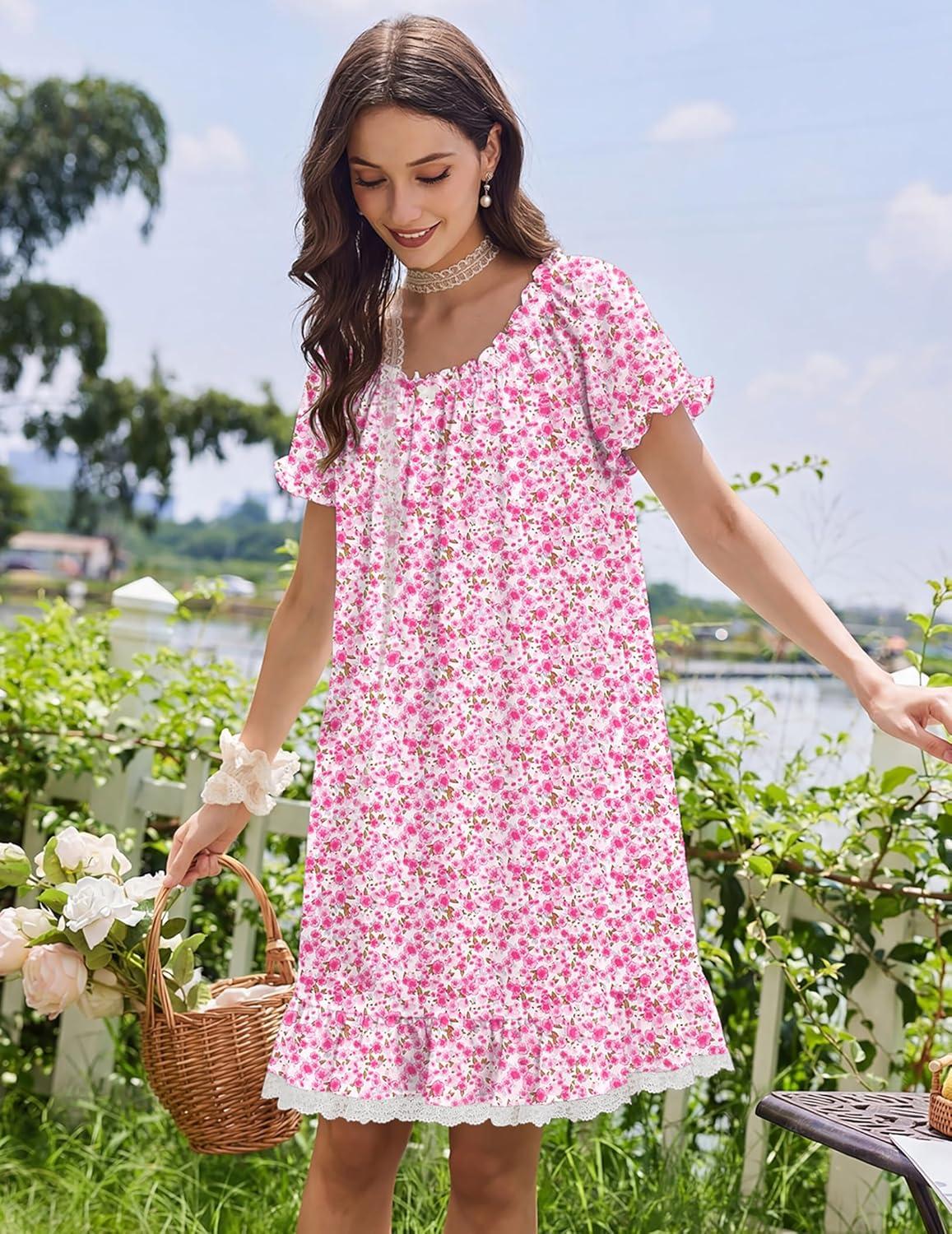 image:imageEkouaer Cotton Nightgowns for Women Vintage Victorian Night Gowns Short Sleeve Sleep Shirts Lace Sleep Dress Soft SleepwearFloral Pink