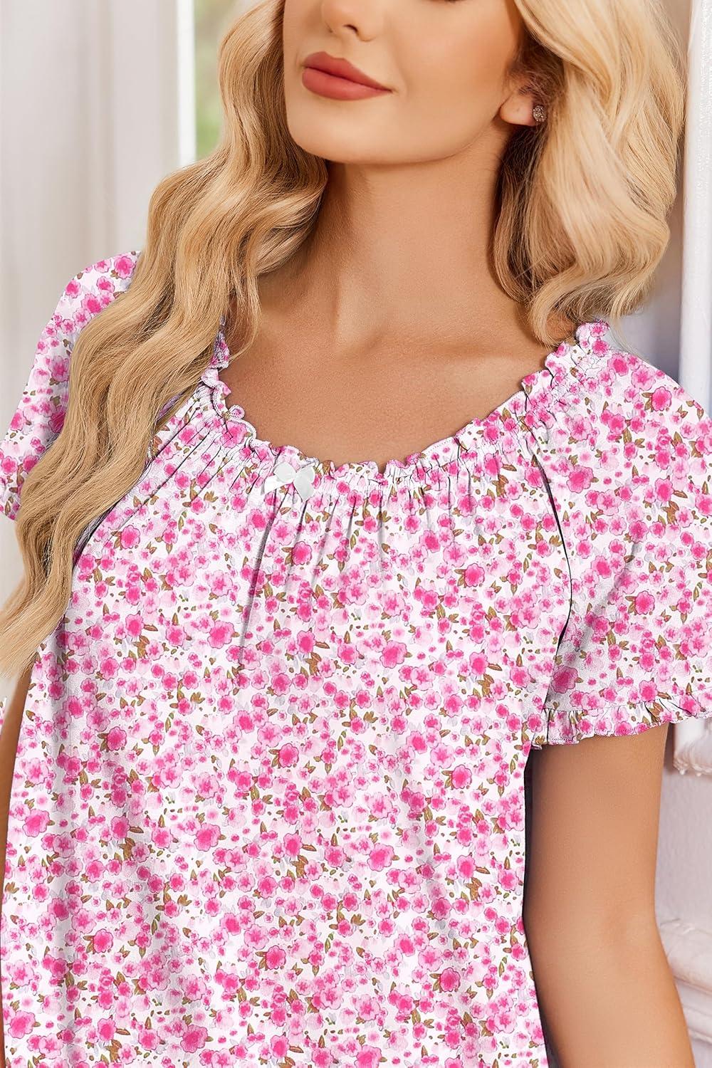 image:imageEkouaer Cotton Nightgowns for Women Vintage Victorian Night Gowns Short Sleeve Sleep Shirts Lace Sleep Dress Soft SleepwearFloral Pink
