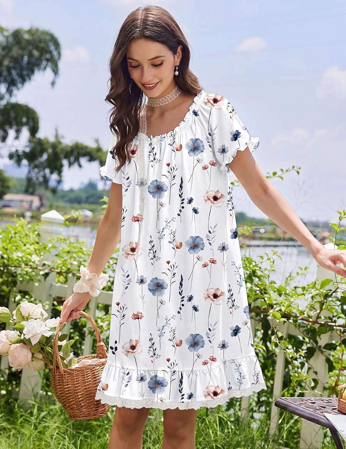 image:imageEkouaer Cotton Nightgowns for Women Vintage Victorian Night Gowns Short Sleeve Sleep Shirts Lace Sleep Dress Soft SleepwearFloral White