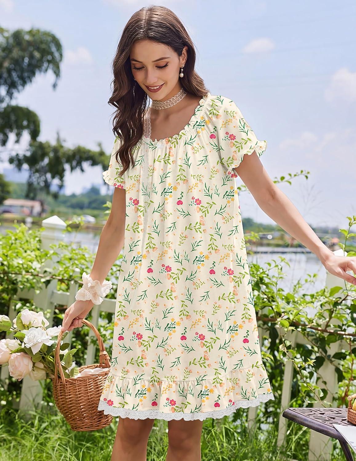 image:imageEkouaer Cotton Nightgowns for Women Vintage Victorian Night Gowns Short Sleeve Sleep Shirts Lace Sleep Dress Soft SleepwearFloral Yellow
