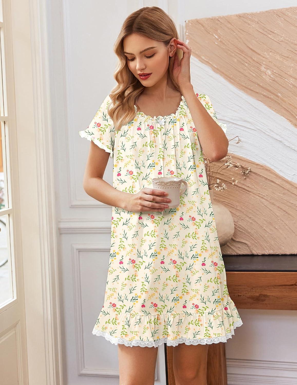 image:imageEkouaer Cotton Nightgowns for Women Vintage Victorian Night Gowns Short Sleeve Sleep Shirts Lace Sleep Dress Soft SleepwearFloral Yellow