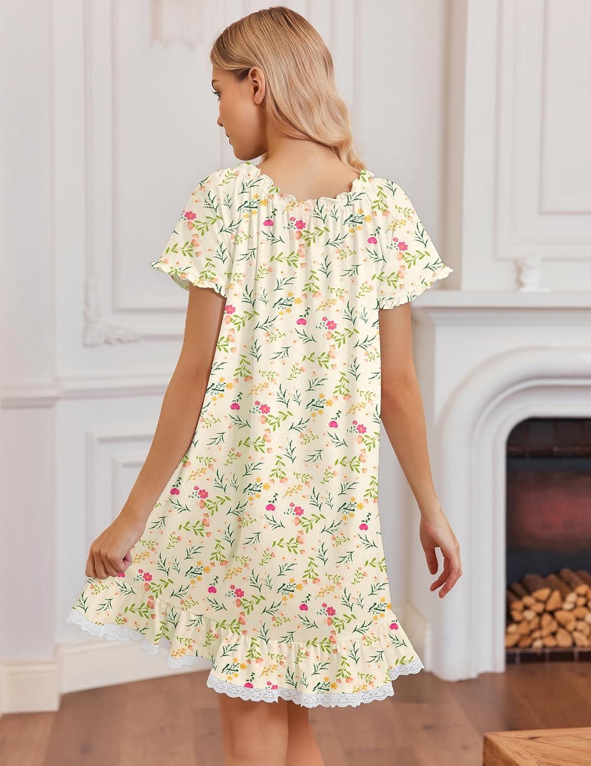 image:imageEkouaer Cotton Nightgowns for Women Vintage Victorian Night Gowns Short Sleeve Sleep Shirts Lace Sleep Dress Soft SleepwearFloral Yellow
