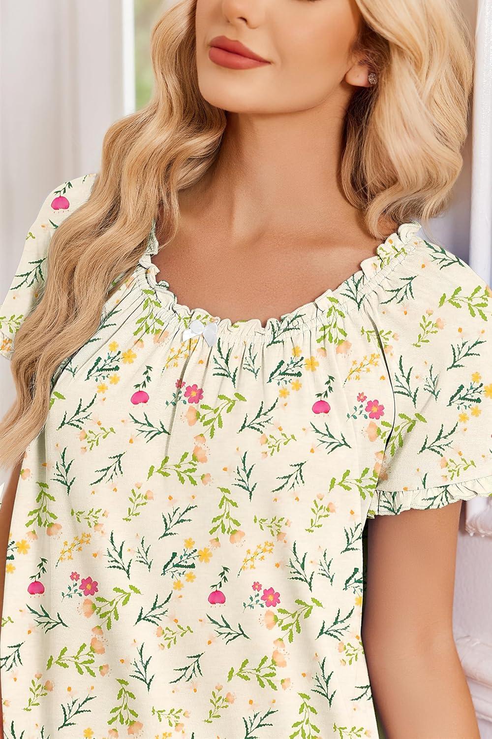 image:imageEkouaer Cotton Nightgowns for Women Vintage Victorian Night Gowns Short Sleeve Sleep Shirts Lace Sleep Dress Soft SleepwearFloral Yellow