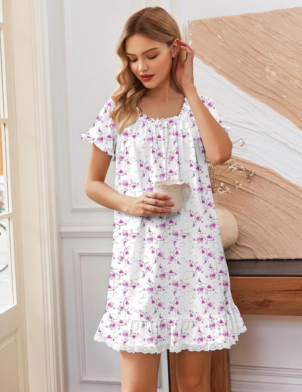 image:imageEkouaer Cotton Nightgowns for Women Vintage Victorian Night Gowns Short Sleeve Sleep Shirts Lace Sleep Dress Soft SleepwearFlowers Pink White
