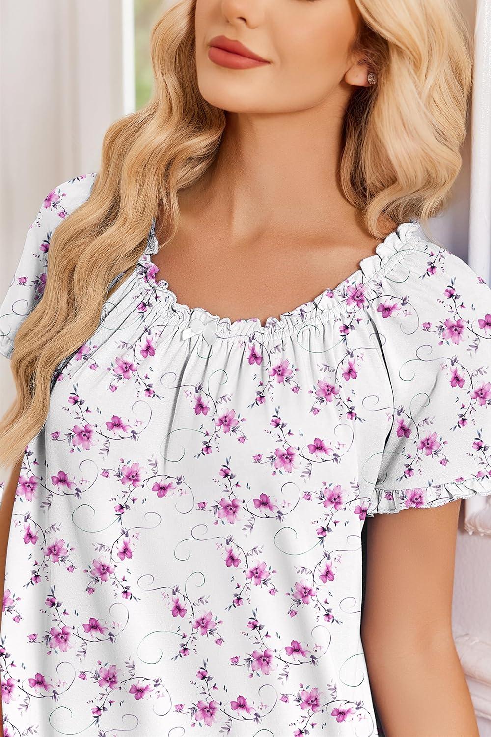 image:imageEkouaer Cotton Nightgowns for Women Vintage Victorian Night Gowns Short Sleeve Sleep Shirts Lace Sleep Dress Soft SleepwearFlowers Pink White