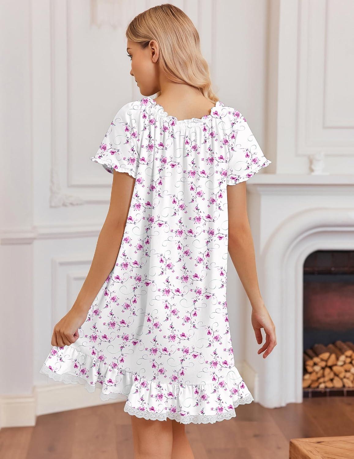 image:imageEkouaer Cotton Nightgowns for Women Vintage Victorian Night Gowns Short Sleeve Sleep Shirts Lace Sleep Dress Soft SleepwearFlowers Pink White