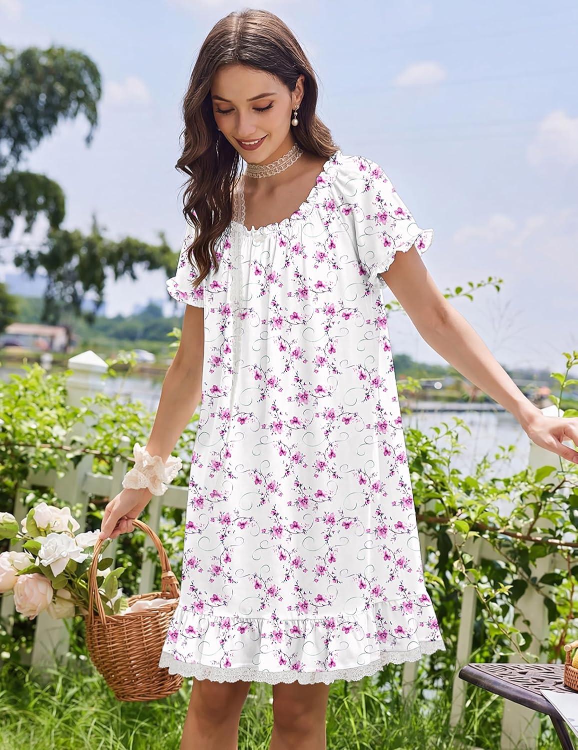 image:imageEkouaer Cotton Nightgowns for Women Vintage Victorian Night Gowns Short Sleeve Sleep Shirts Lace Sleep Dress Soft SleepwearFlowers Pink White