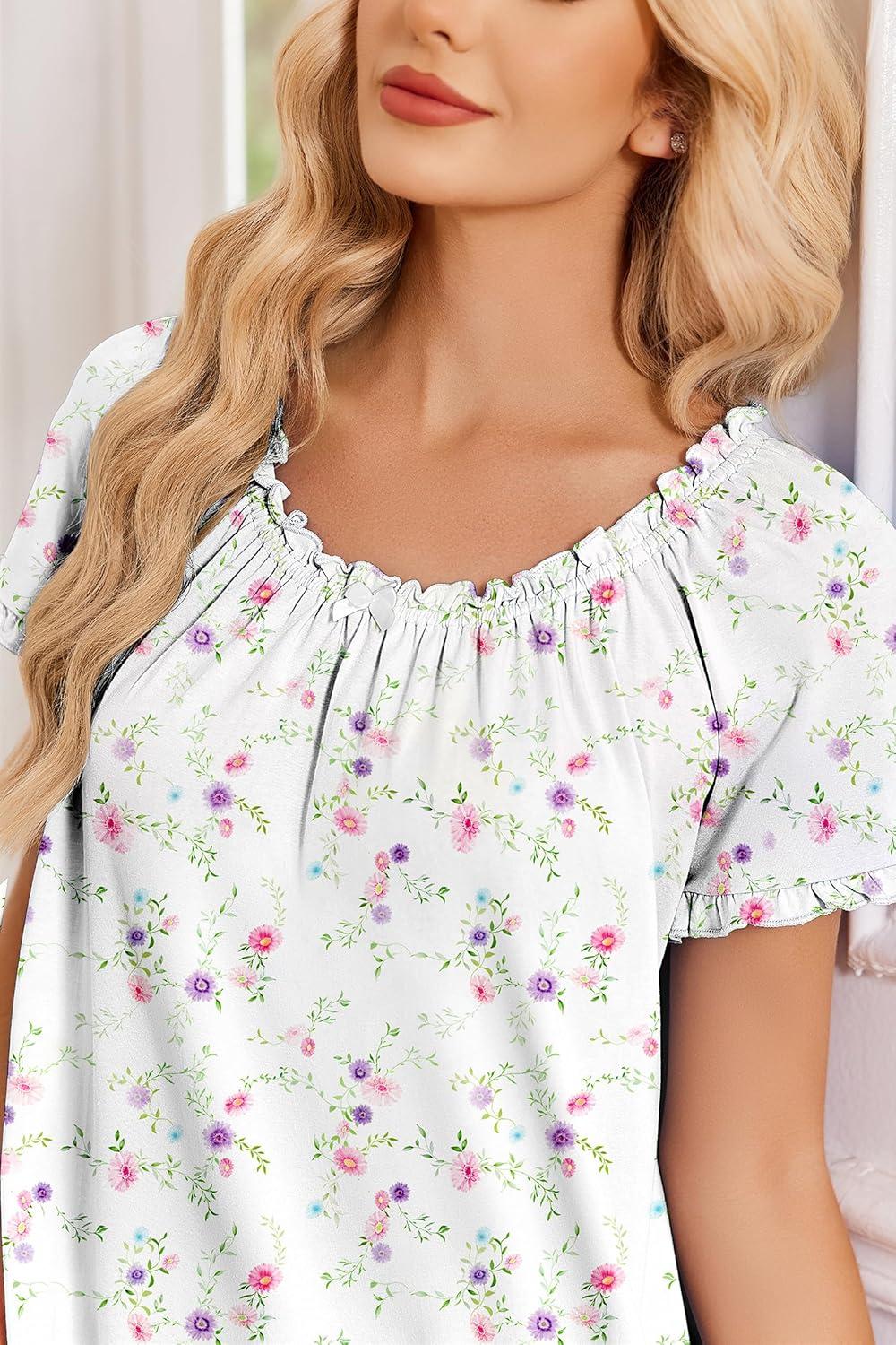 image:imageEkouaer Cotton Nightgowns for Women Vintage Victorian Night Gowns Short Sleeve Sleep Shirts Lace Sleep Dress Soft SleepwearFlowers White