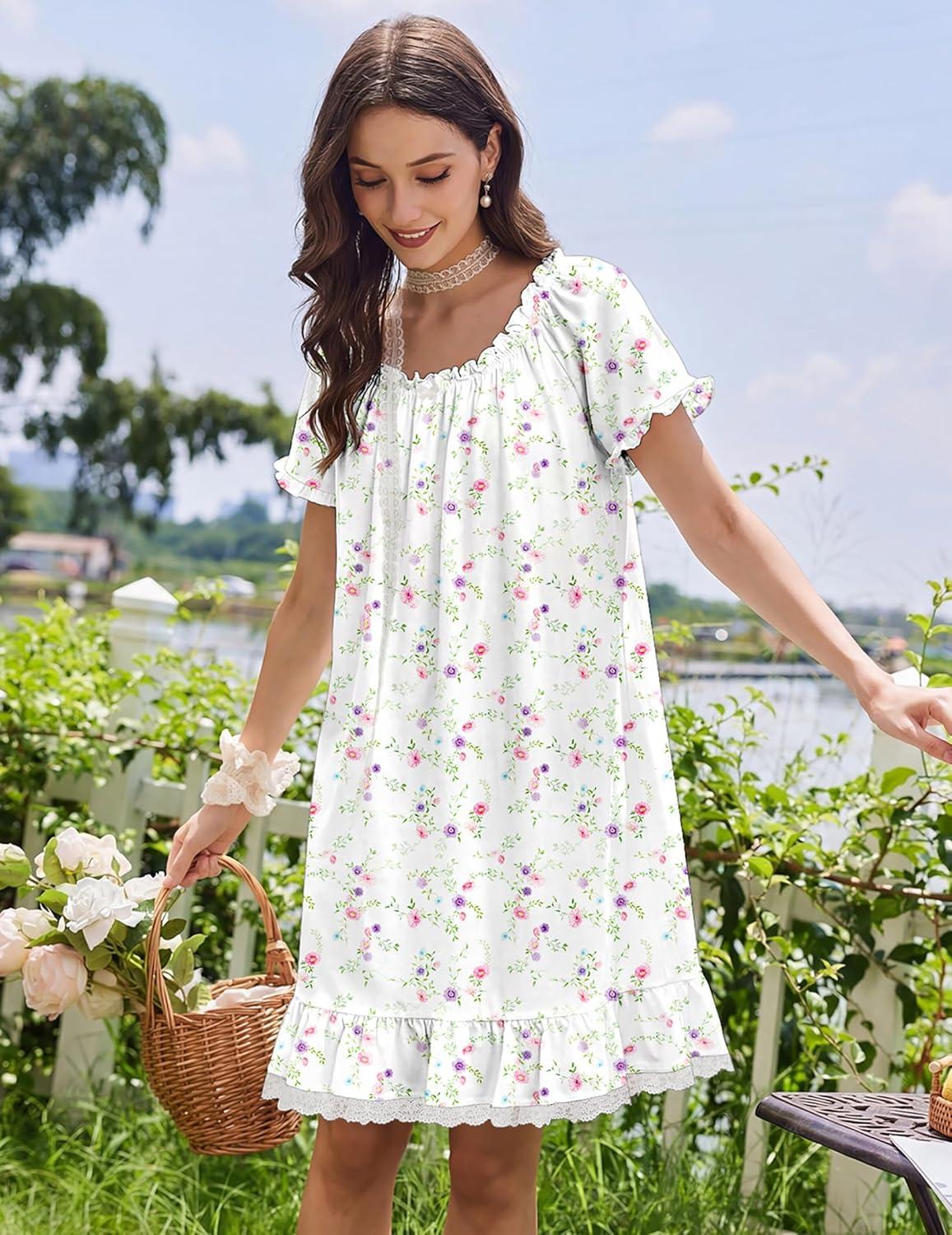 image:imageEkouaer Cotton Nightgowns for Women Vintage Victorian Night Gowns Short Sleeve Sleep Shirts Lace Sleep Dress Soft SleepwearFlowers White