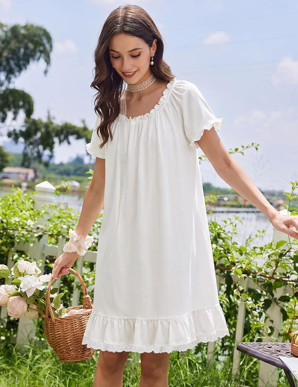 image:imageEkouaer Cotton Nightgowns for Women Vintage Victorian Night Gowns Short Sleeve Sleep Shirts Lace Sleep Dress Soft SleepwearWhite