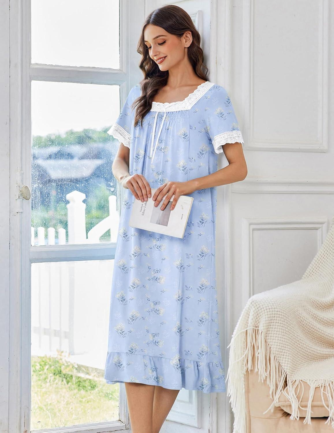 image:imageEkouaer Cotton Nightgowns for Women Vintage Victorian Nightgown Short Sleeve Lace Night Gown Long Nightdress Soft NightshirtBlue Flowers