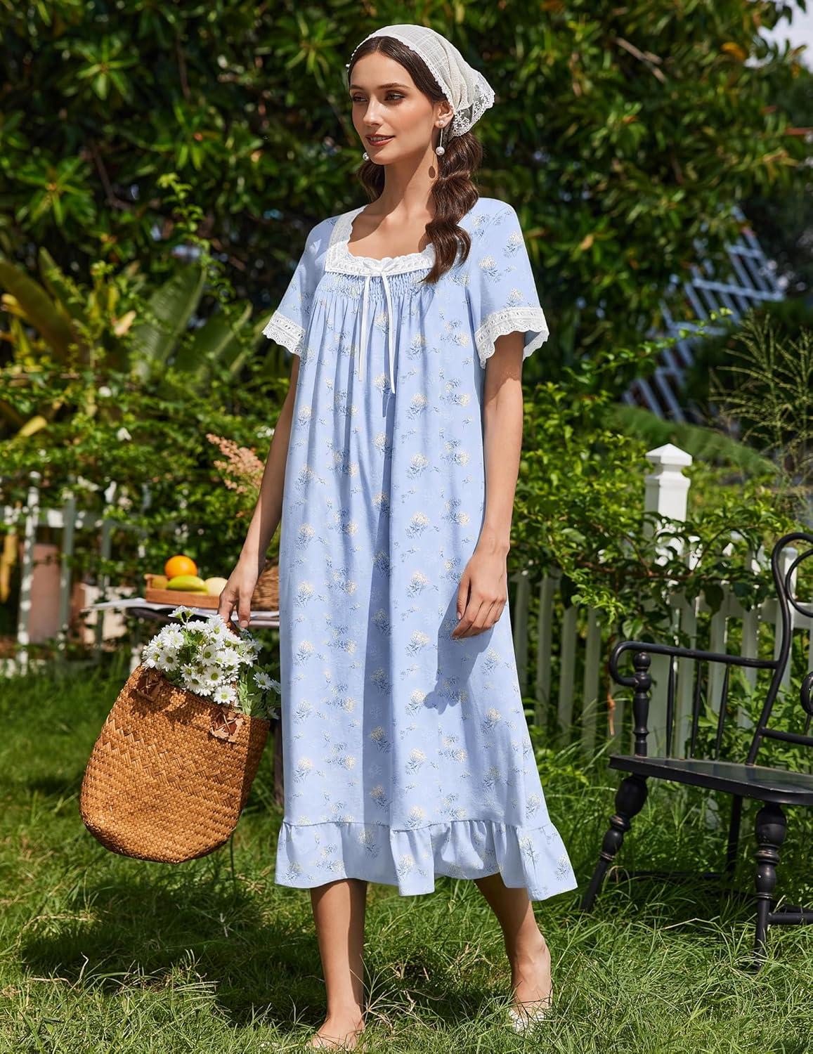 image:imageEkouaer Cotton Nightgowns for Women Vintage Victorian Nightgown Short Sleeve Lace Night Gown Long Nightdress Soft NightshirtBlue Flowers