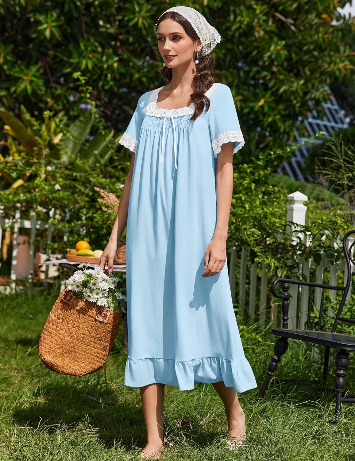 image:imageEkouaer Cotton Nightgowns for Women Vintage Victorian Nightgown Short Sleeve Lace Night Gown Long Nightdress Soft NightshirtCyan