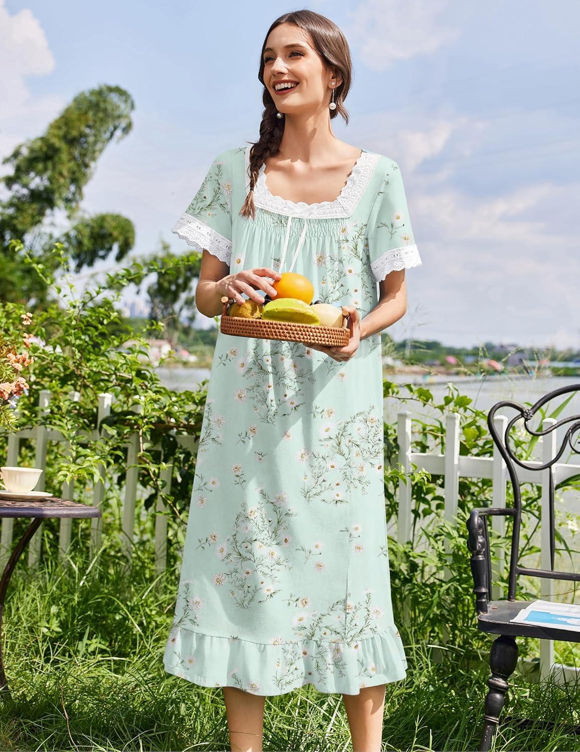 image:imageEkouaer Cotton Nightgowns for Women Vintage Victorian Nightgown Short Sleeve Lace Night Gown Long Nightdress Soft NightshirtGreen Flowers