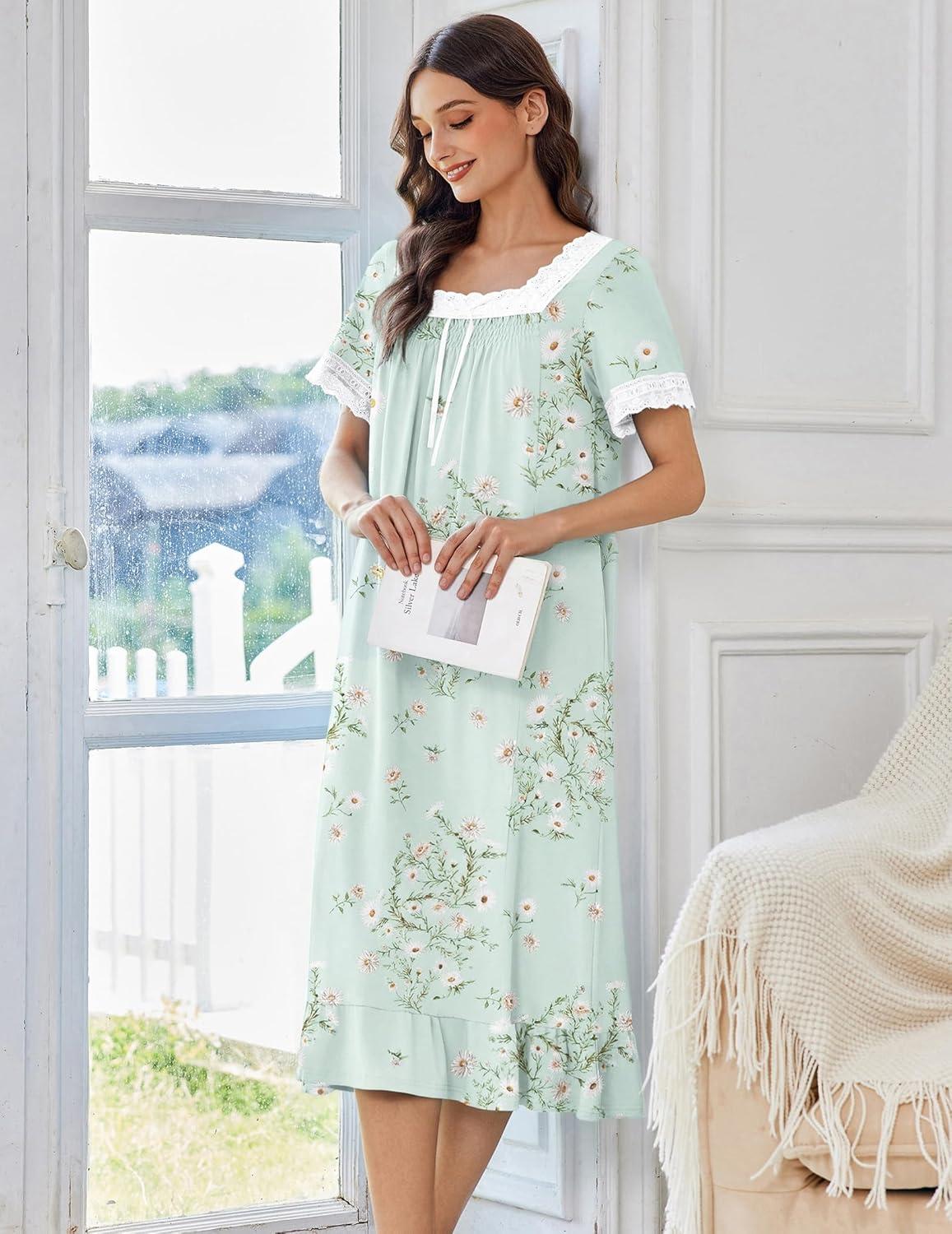 image:imageEkouaer Cotton Nightgowns for Women Vintage Victorian Nightgown Short Sleeve Lace Night Gown Long Nightdress Soft NightshirtGreen Flowers