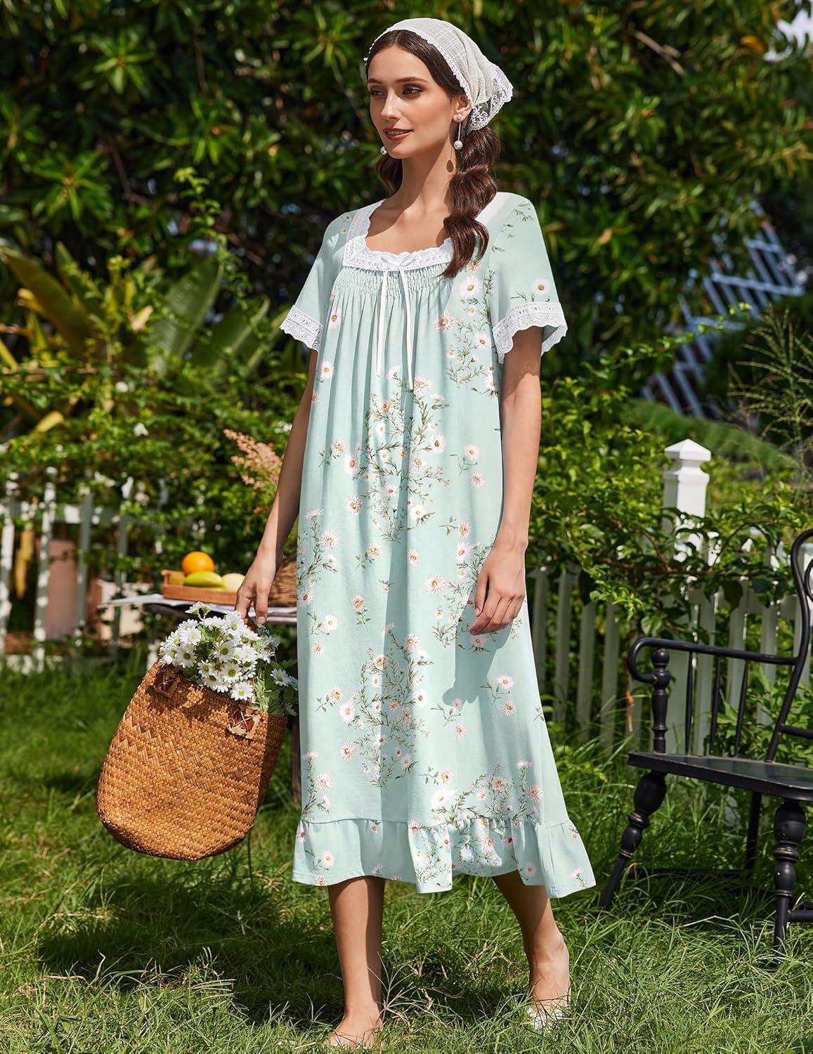 image:imageEkouaer Cotton Nightgowns for Women Vintage Victorian Nightgown Short Sleeve Lace Night Gown Long Nightdress Soft NightshirtGreen Flowers
