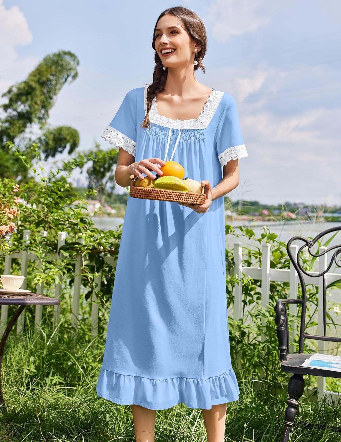 image:imageEkouaer Cotton Nightgowns for Women Vintage Victorian Nightgown Short Sleeve Lace Night Gown Long Nightdress Soft NightshirtLight Blue