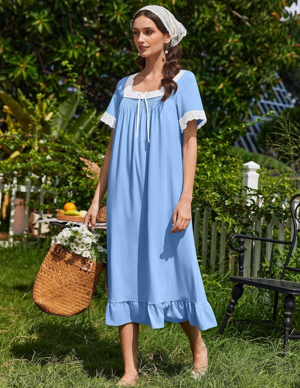 image:imageEkouaer Cotton Nightgowns for Women Vintage Victorian Nightgown Short Sleeve Lace Night Gown Long Nightdress Soft NightshirtLight Blue