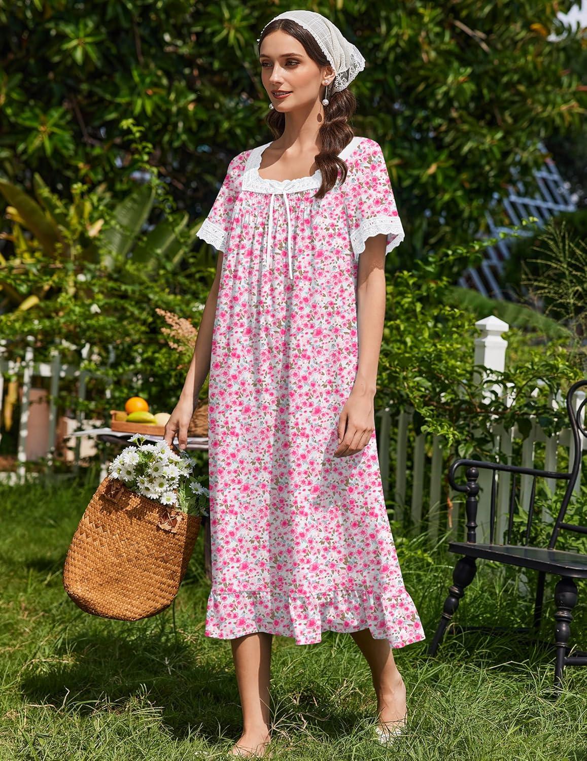 image:imageEkouaer Cotton Nightgowns for Women Vintage Victorian Nightgown Short Sleeve Lace Night Gown Long Nightdress Soft NightshirtPink Flowers