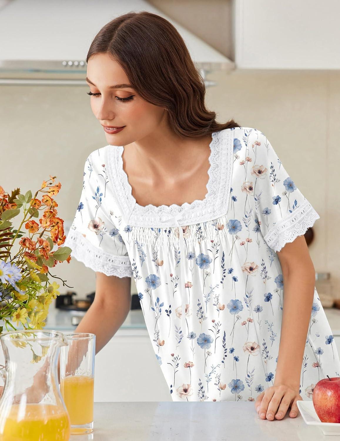 image:imageEkouaer Cotton Nightgowns for Women Vintage Victorian Nightgown Short Sleeve Lace Night Gown Long Nightdress Soft NightshirtWhite Little Flowers