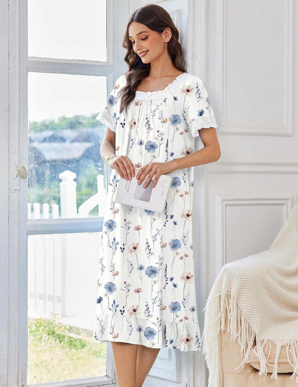image:imageEkouaer Cotton Nightgowns for Women Vintage Victorian Nightgown Short Sleeve Lace Night Gown Long Nightdress Soft NightshirtWhite Little Flowers
