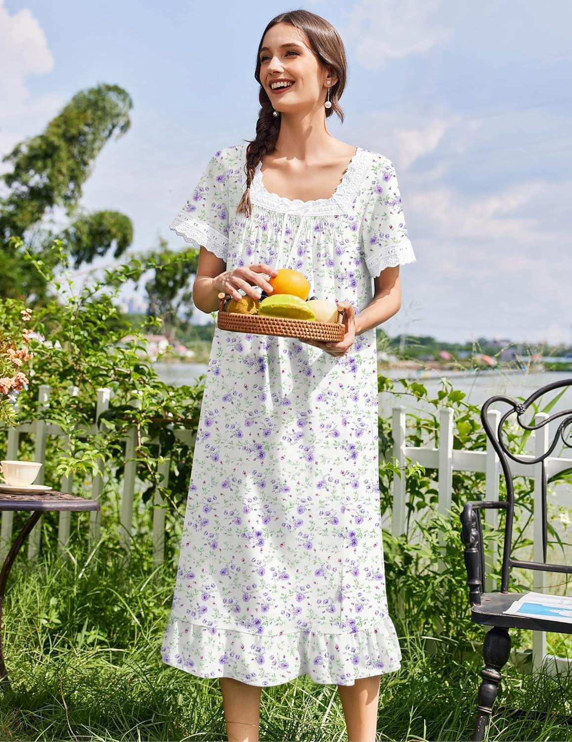 image:imageEkouaer Cotton Nightgowns for Women Vintage Victorian Nightgown Short Sleeve Lace Night Gown Long Nightdress Soft NightshirtWhite Purple Flowers