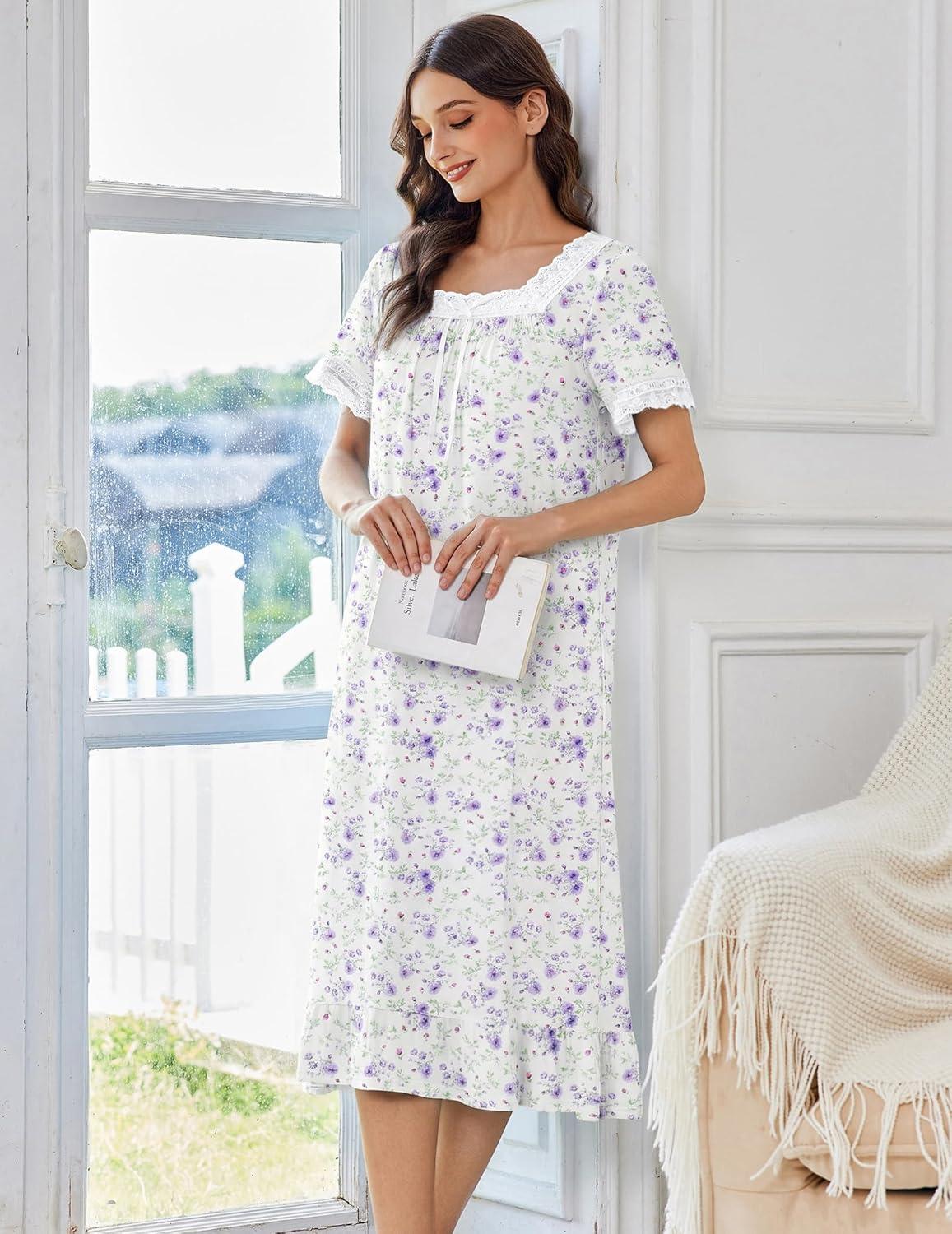 image:imageEkouaer Cotton Nightgowns for Women Vintage Victorian Nightgown Short Sleeve Lace Night Gown Long Nightdress Soft NightshirtWhite Purple Flowers