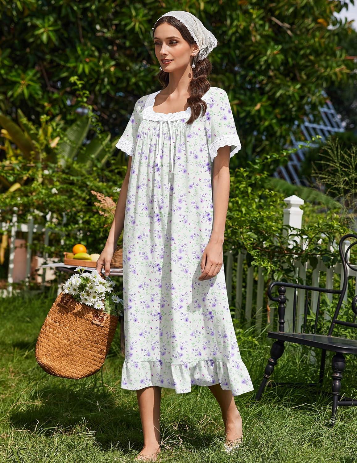 image:imageEkouaer Cotton Nightgowns for Women Vintage Victorian Nightgown Short Sleeve Lace Night Gown Long Nightdress Soft NightshirtWhite Purple Flowers