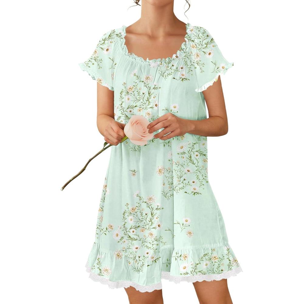 image:imageEkouaer Cotton Nightgowns for Women Vintage Victorian Night Gowns Short Sleeve Sleep Shirts Lace Sleep Dress Soft SleepwearFloral Green