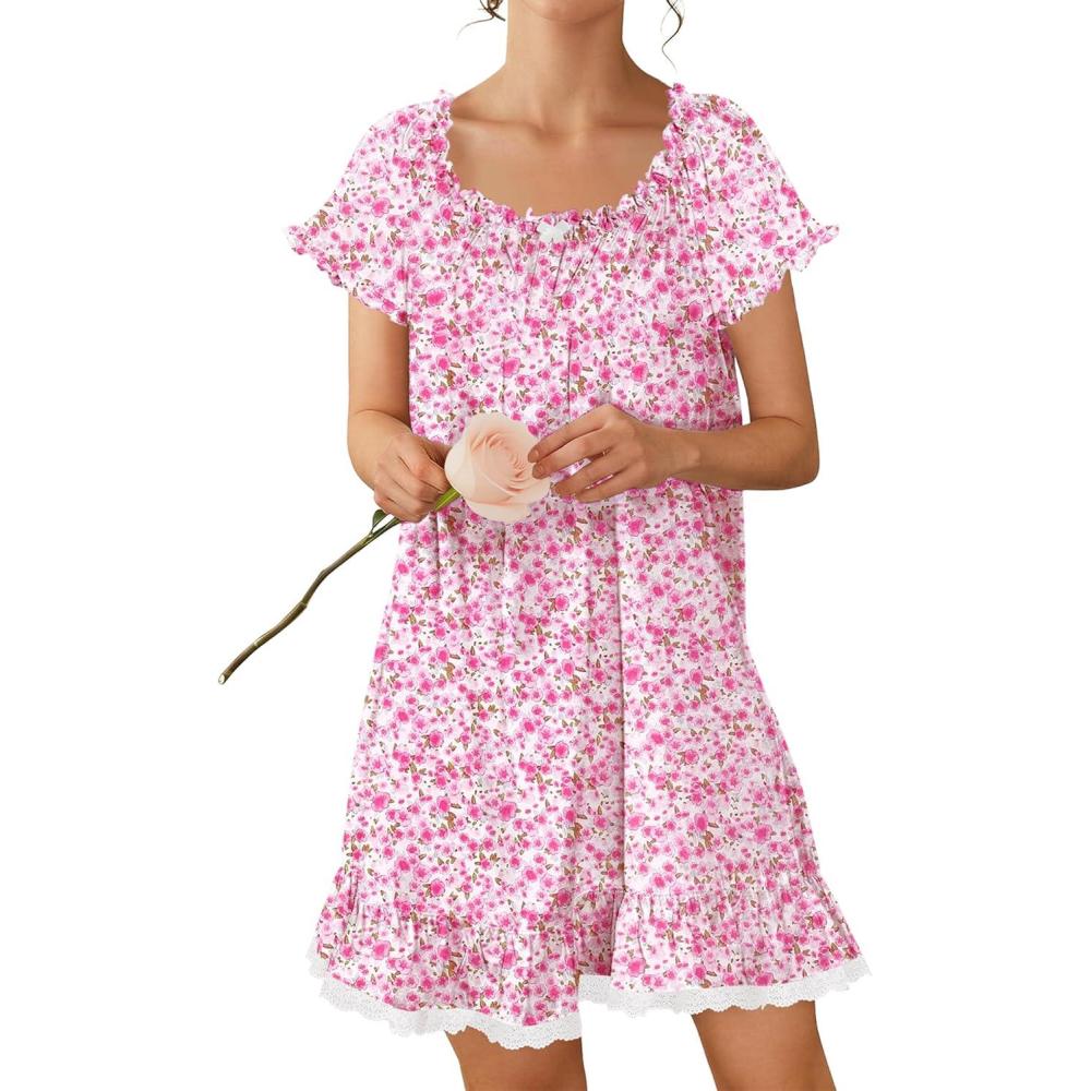 image:imageEkouaer Cotton Nightgowns for Women Vintage Victorian Night Gowns Short Sleeve Sleep Shirts Lace Sleep Dress Soft SleepwearFloral Pink