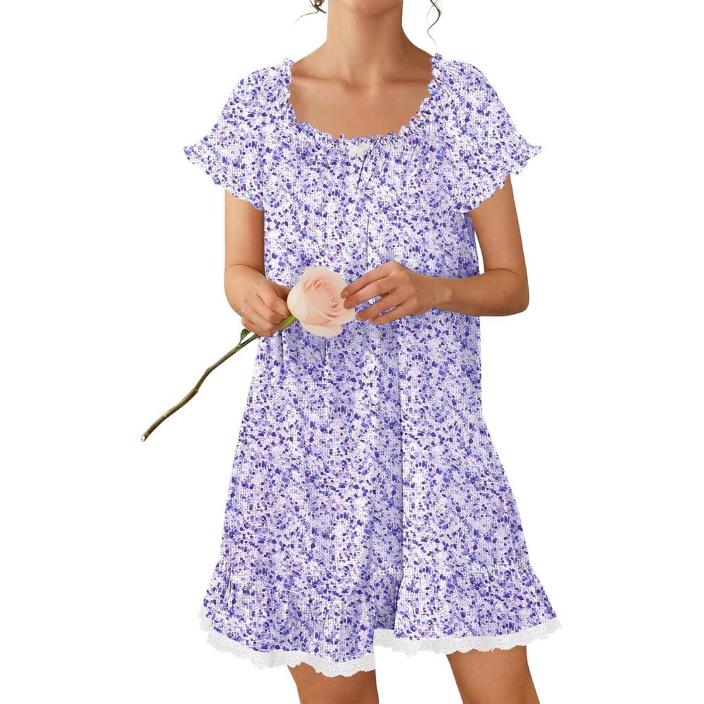 image:imageEkouaer Cotton Nightgowns for Women Vintage Victorian Night Gowns Short Sleeve Sleep Shirts Lace Sleep Dress Soft SleepwearFloral Purple