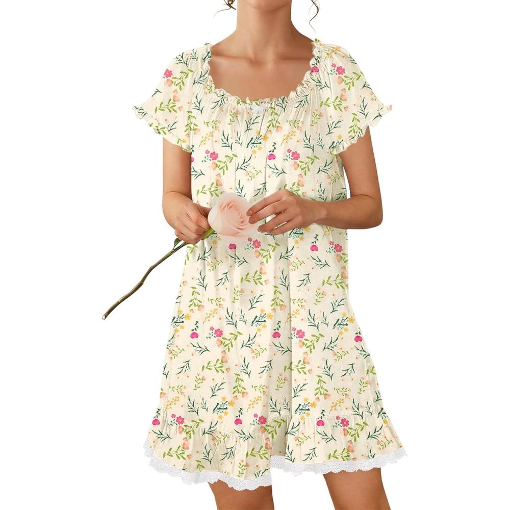 image:imageEkouaer Cotton Nightgowns for Women Vintage Victorian Night Gowns Short Sleeve Sleep Shirts Lace Sleep Dress Soft SleepwearFloral Yellow