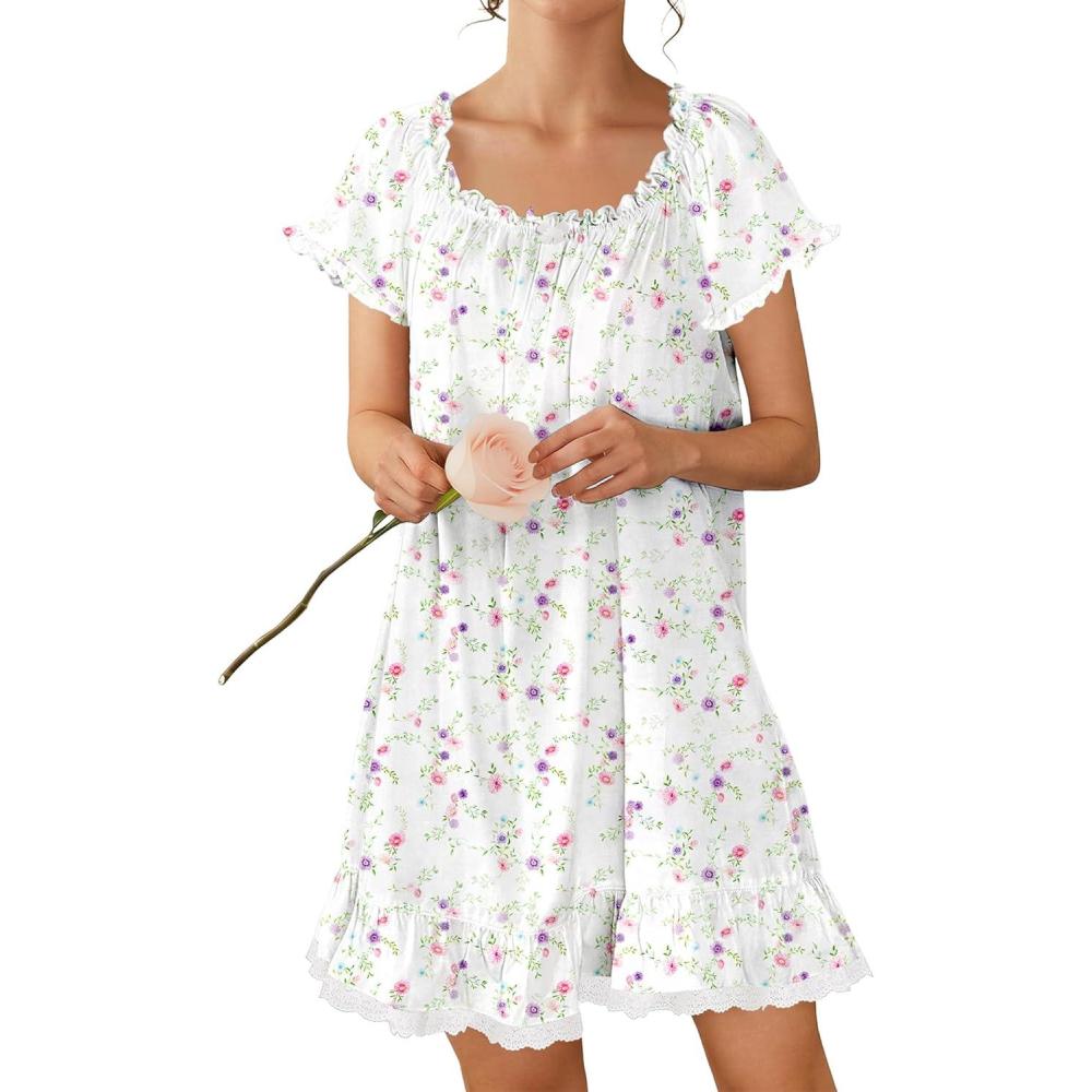 image:imageEkouaer Cotton Nightgowns for Women Vintage Victorian Night Gowns Short Sleeve Sleep Shirts Lace Sleep Dress Soft SleepwearFlowers White
