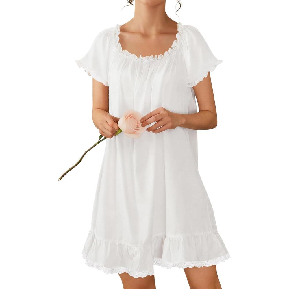 image:imageEkouaer Cotton Nightgowns for Women Vintage Victorian Night Gowns Short Sleeve Sleep Shirts Lace Sleep Dress Soft SleepwearWhite