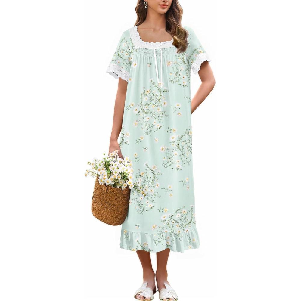 image:imageEkouaer Cotton Nightgowns for Women Vintage Victorian Nightgown Short Sleeve Lace Night Gown Long Nightdress Soft NightshirtGreen Flowers