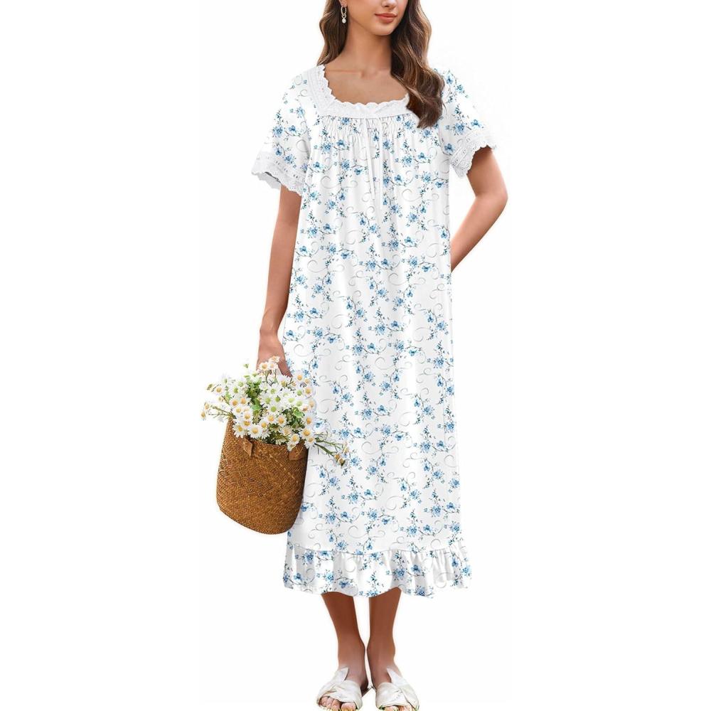 image:imageEkouaer Cotton Nightgowns for Women Vintage Victorian Nightgown Short Sleeve Lace Night Gown Long Nightdress Soft NightshirtWhite Blue Flowers