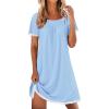 image:imageEkouaer Cotton Nightgowns for Women Pleated Sleep Shirts Short Sleeve Night Shirt Lace Trim Sleep Dress Ladies GownLiight Blue