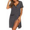 image:imageEkouaer Nightgowns for Women Bamboo Viscose Button Down Sleep Shirts Short Sleeve Nightshirts House Dress with PocketsDark Grey