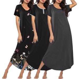 image:imageEkouaer 3 Pack Long Nightgowns for Women Plus Size Moo Moos Short Sleeve House Dress Button Night Gown Soft Sleepwear S5XLBlack ButterflyBlackDark Grey