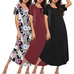 image:imageEkouaer 3 Pack Long Nightgowns for Women Plus Size Moo Moos Short Sleeve House Dress Button Night Gown Soft Sleepwear S5XLBlack FlowersWine RedBlack