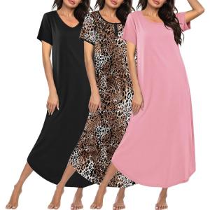 image:imageEkouaer 3 Pack Long Nightgowns for Women Plus Size Moo Moos Short Sleeve House Dress Button Night Gown Soft Sleepwear S5XLBlackLeopardPink