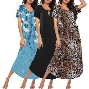 image:imageEkouaer 3 Pack Long Nightgowns for Women Plus Size Moo Moos Short Sleeve House Dress Button Night Gown Soft Sleepwear S5XLBlue FloralBlackLeopard