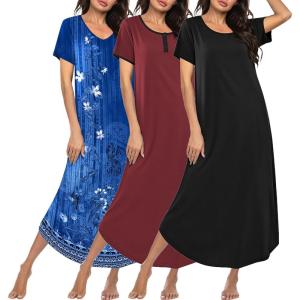 image:imageEkouaer 3 Pack Long Nightgowns for Women Plus Size Moo Moos Short Sleeve House Dress Button Night Gown Soft Sleepwear S5XLBlue FloralWine RedBlack
