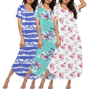 image:imageEkouaer 3 Pack Long Nightgowns for Women Plus Size Moo Moos Short Sleeve House Dress Button Night Gown Soft Sleepwear S5XLBlue StripedBlue FlowerWhite Flower